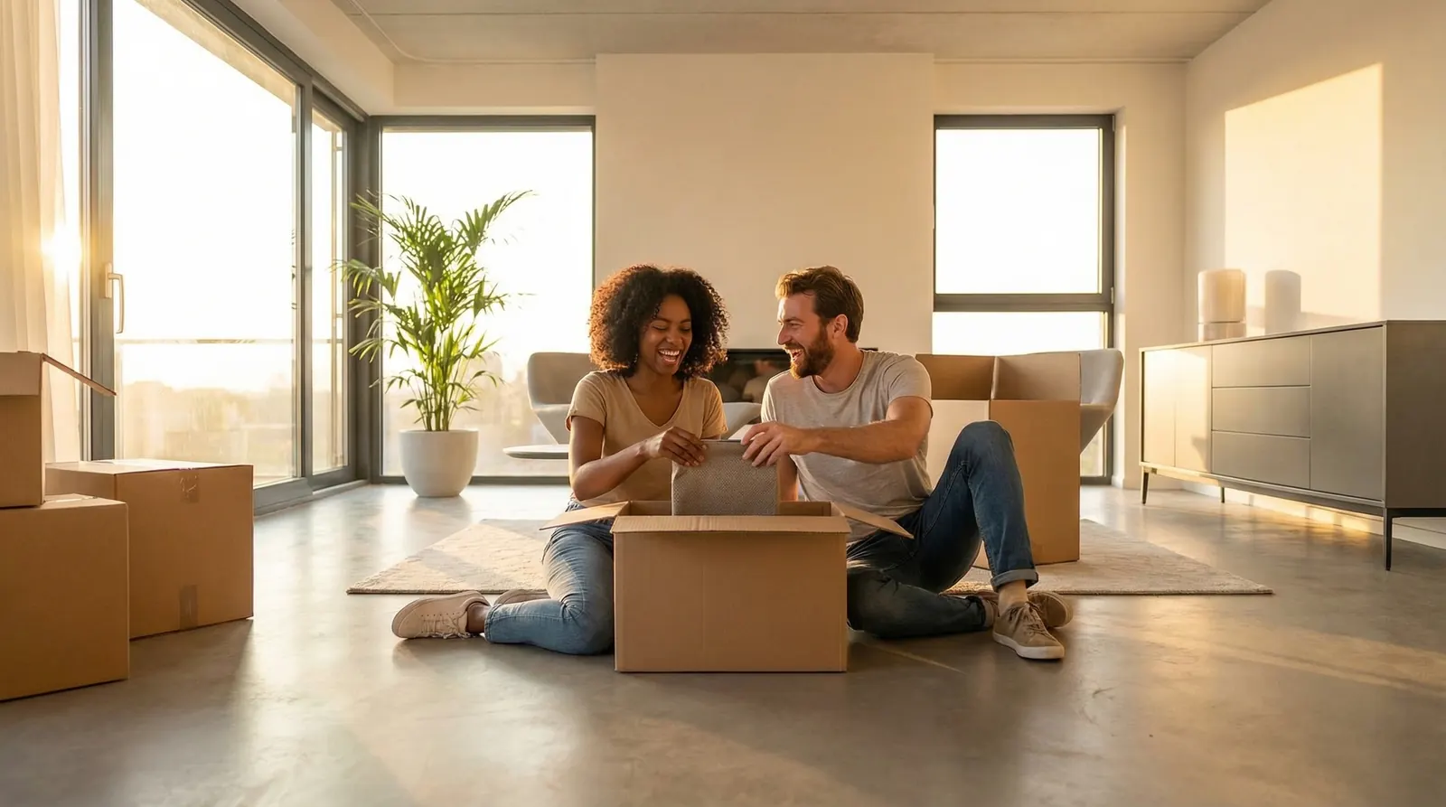 Happy diverse couple unpacking in their new modern home